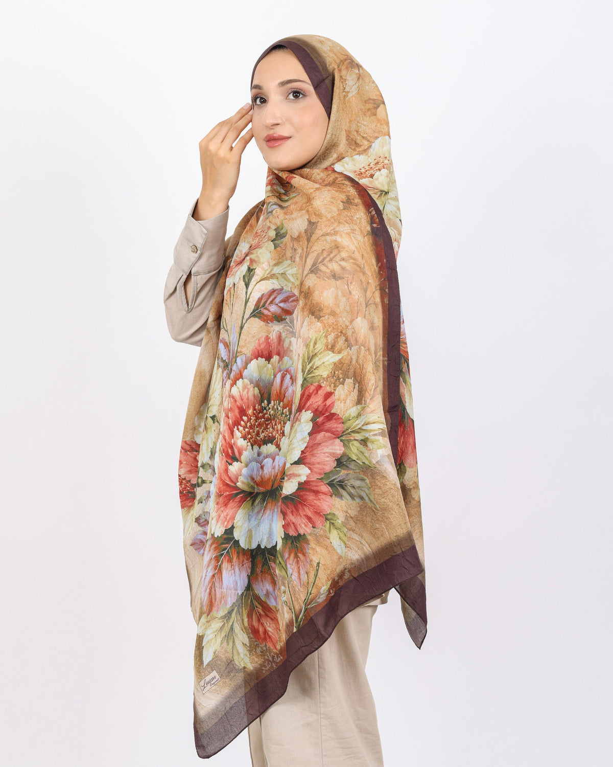Soft Bambu Kraş Şal D041 Kahverengi, çiçekli desenli, 75 × 185 cm şal – görsel 3