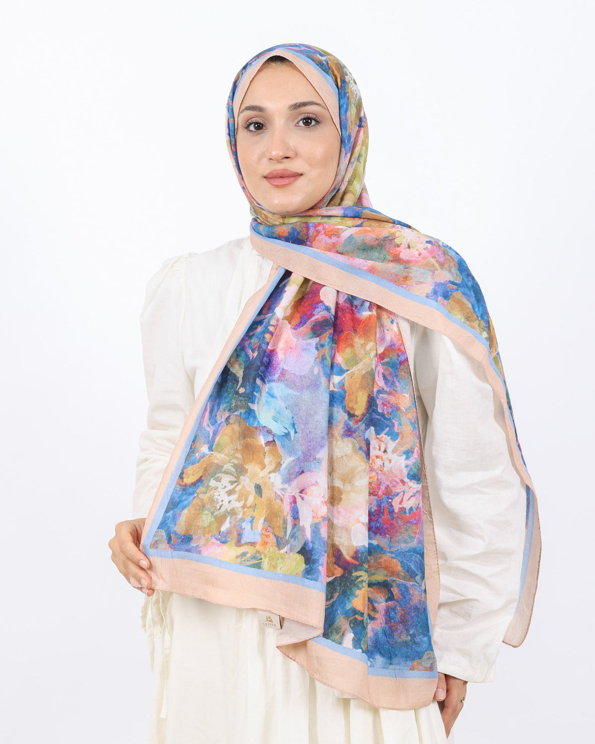 Soft Bambu Kraş Şal D053 Bej, çiçekli desenli, 75 × 185 cm şal – görsel 1