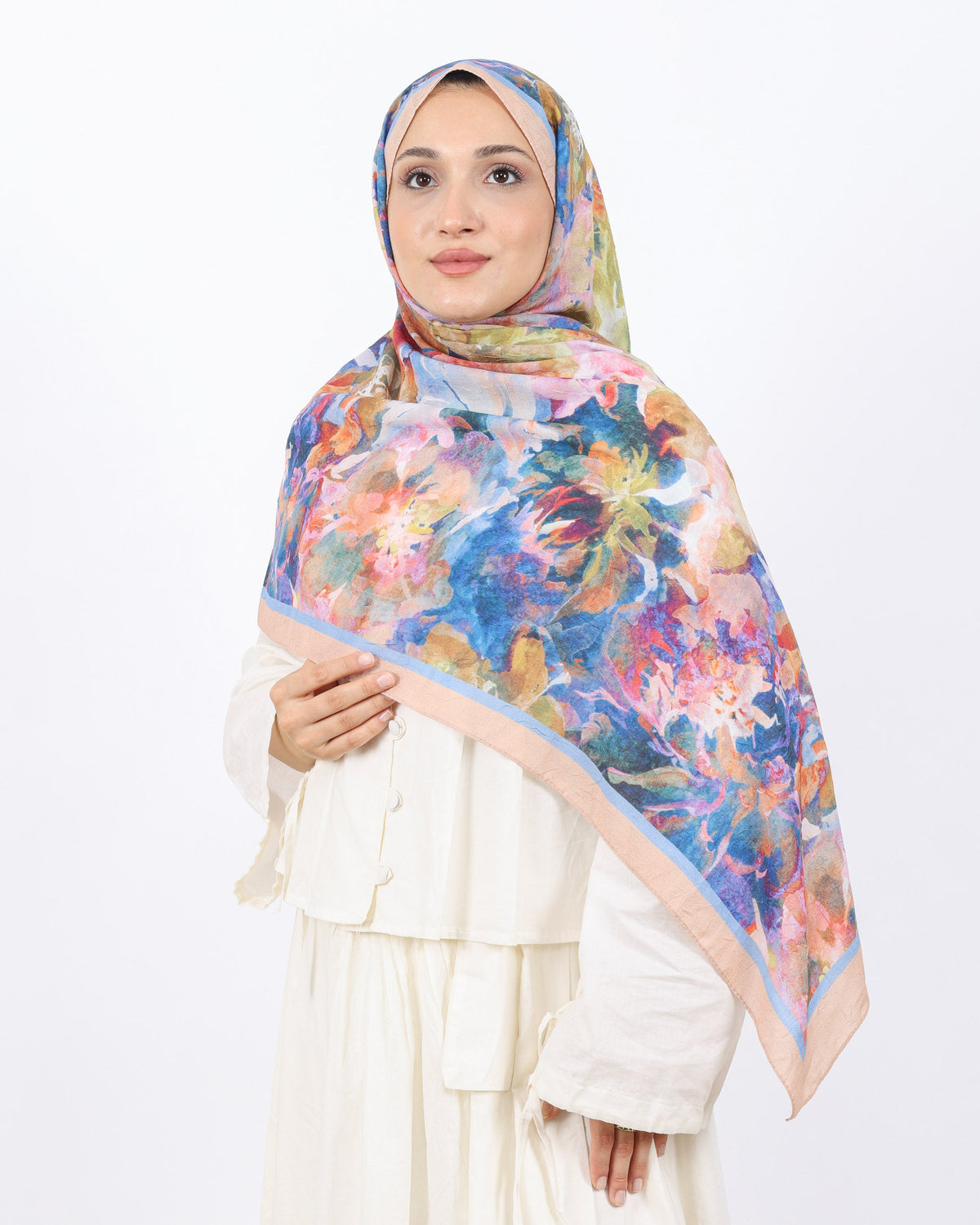 Soft Bambu Kraş Şal D053 Bej, çiçekli desenli, 75 × 185 cm şal – görsel 2