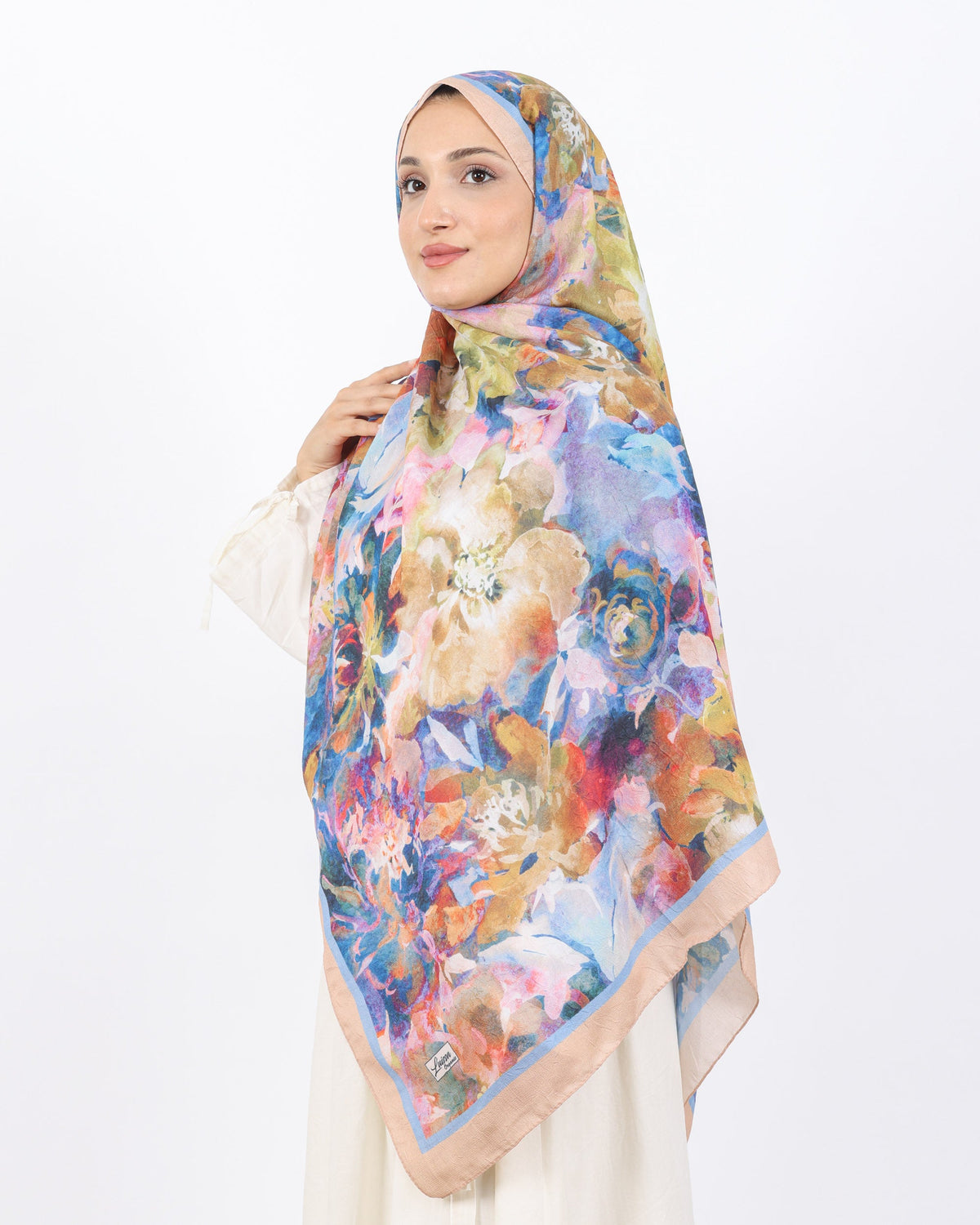Soft Bambu Kraş Şal D053 Bej, çiçekli desenli, 75 × 185 cm şal – görsel 3