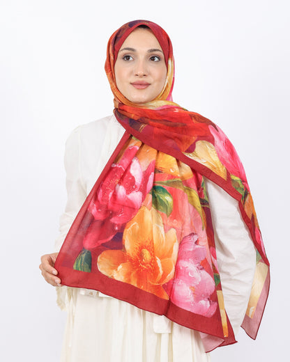Soft Bambu Kraş Şal D054 Kırmızı, çiçekli desenli, 75 × 185 cm şal – görsel 2