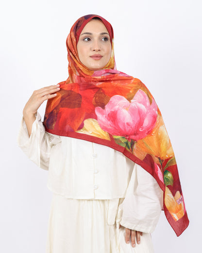 Soft Bambu Kraş Şal D054 Kırmızı, çiçekli desenli, 75 × 185 cm şal – görsel 1