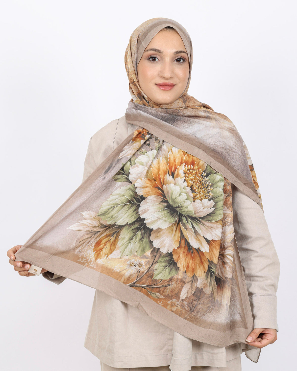 Soft Bambu Kraş Şal D041 Vizon, çiçekli desenli, 75 × 185 cm şal – görsel 1