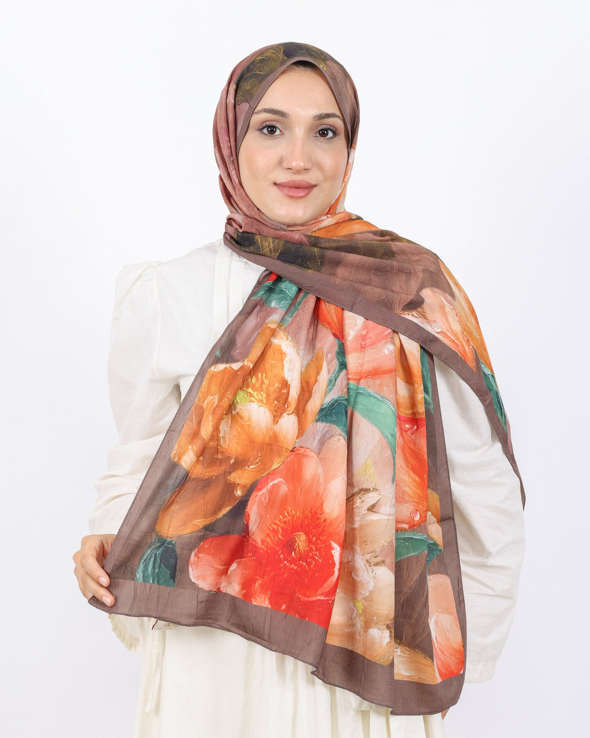 Soft Bambu Kraş Şal D054 Kahverengi, çiçekli desenli, 75 × 185 cm şal – görsel 2