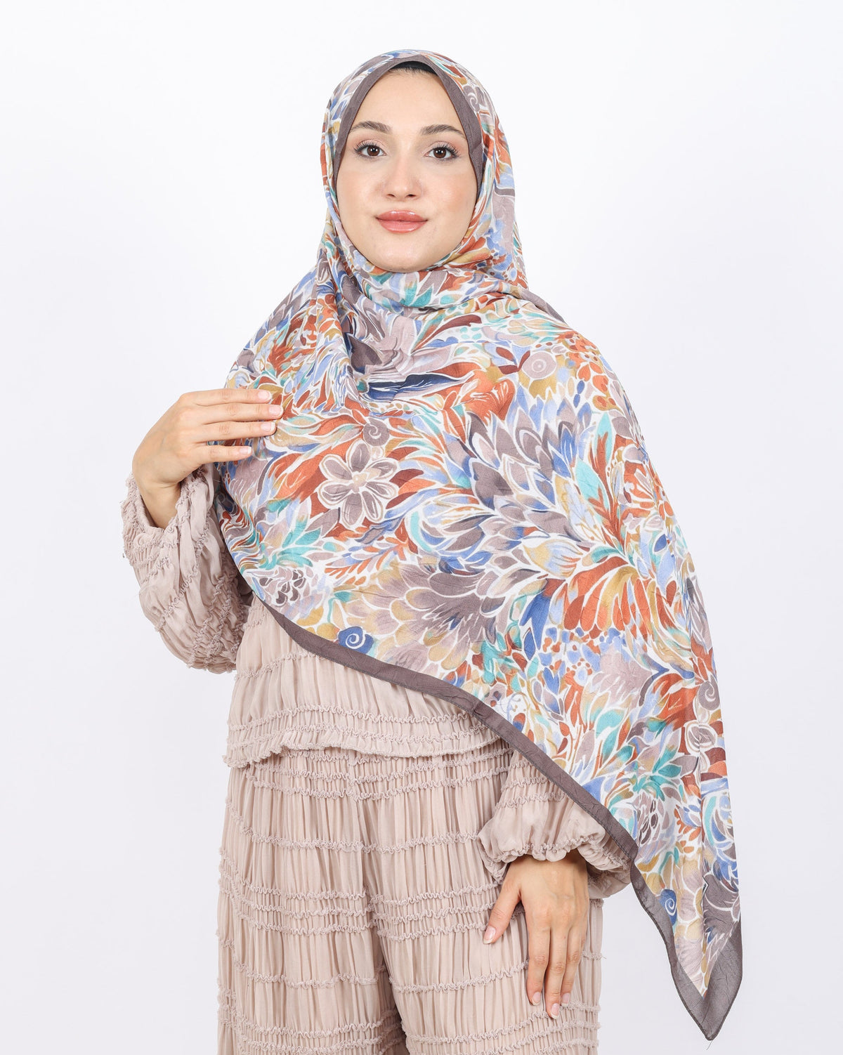 Soft Bambu Kraş Şal D047 Kahverengi, çiçekli desenli, 75 × 185 cm şal – görsel 1