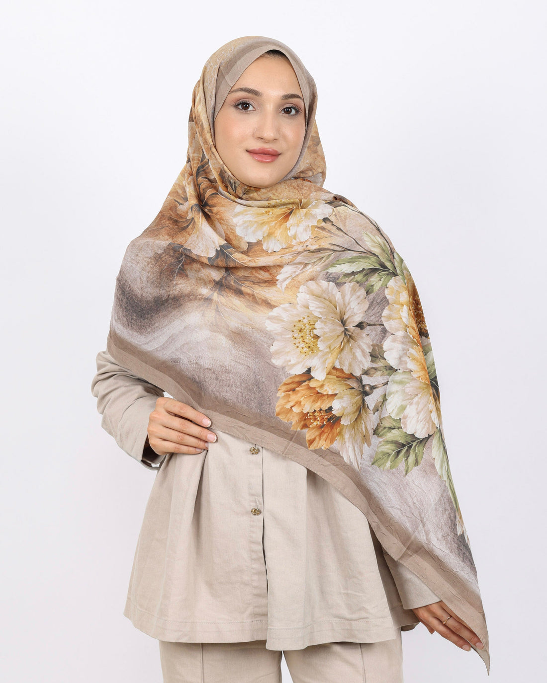 Soft Bambu Kraş Şal D041 Vizon, çiçekli desenli, 75 × 185 cm şal – görsel 2