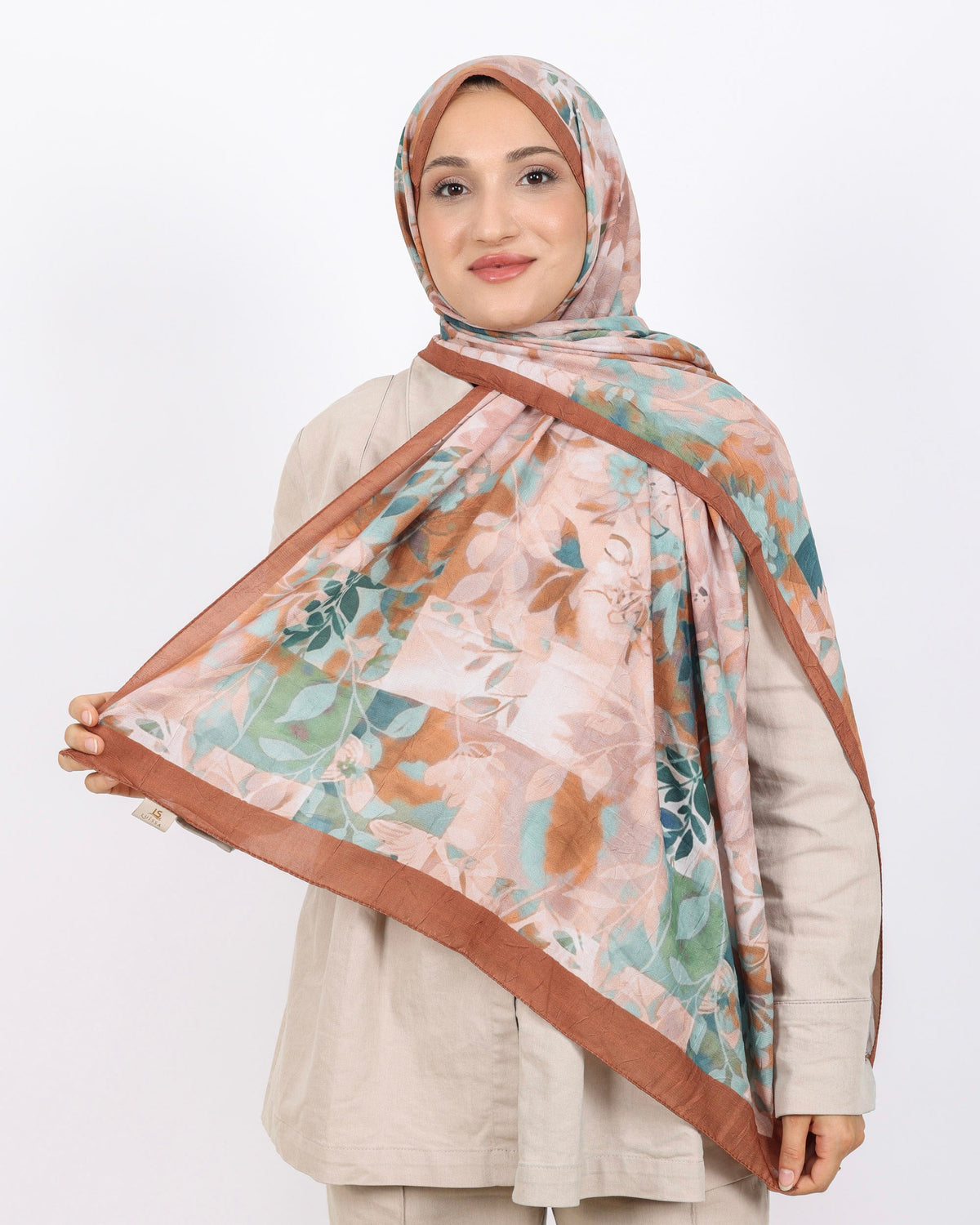 Soft Bambu Kraş Şal D042 Sütlü-Kahve, çiçekli desenli, 75 × 185 cm şal – görsel 2