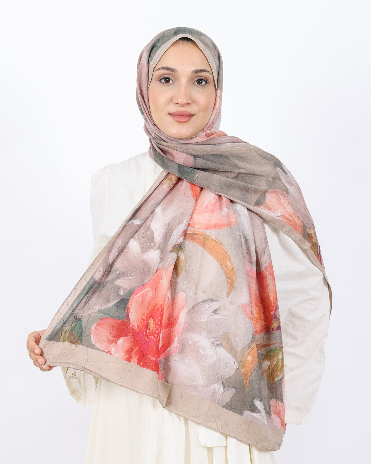 Soft Bambu Kraş Şal D054 Bej, çiçekli desenli, 75 × 185 cm şal – görsel 1
