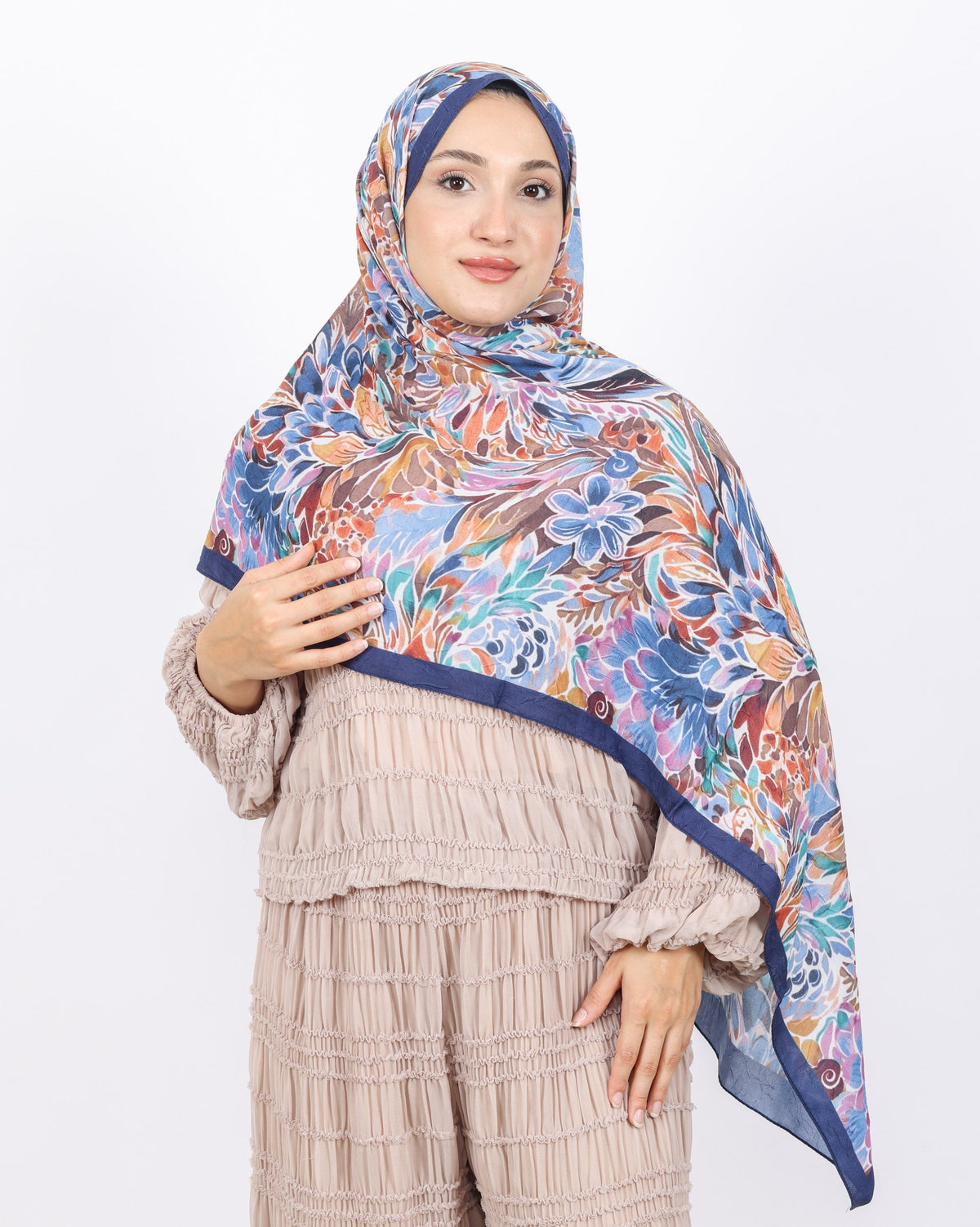 Soft Bambu Kraş Şal D047 Lacivert-Kahve, çiçekli desenli, 75 × 185 cm şal – görsel 3