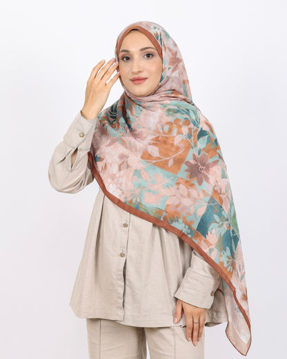 Soft Bambu Kraş Şal D042 Sütlü-Kahve, çiçekli desenli, 75 × 185 cm şal – görsel 1