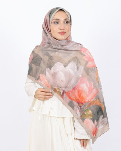 Soft Bambu Kraş Şal D054 Bej, çiçekli desenli, 75 × 185 cm şal – görsel 2
