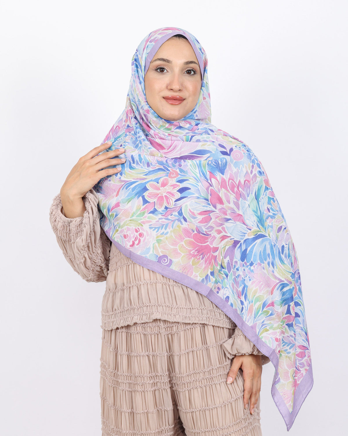 Soft Bambu Kraş Şal D047 Lila, çiçekli desenli, 75 × 185 cm şal – görsel 2