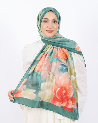 Soft Bambu Kraş Şal D054 Mint Yeşili, çiçekli desenli, 75 × 185 cm şal – görsel 1