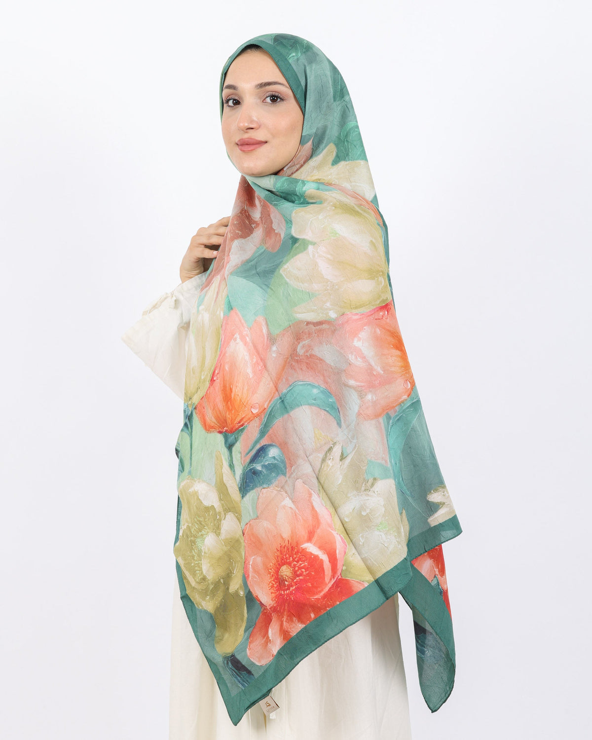 Soft Bambu Kraş Şal D054 Mint Yeşili, çiçekli desenli, 75 × 185 cm şal – görsel 3