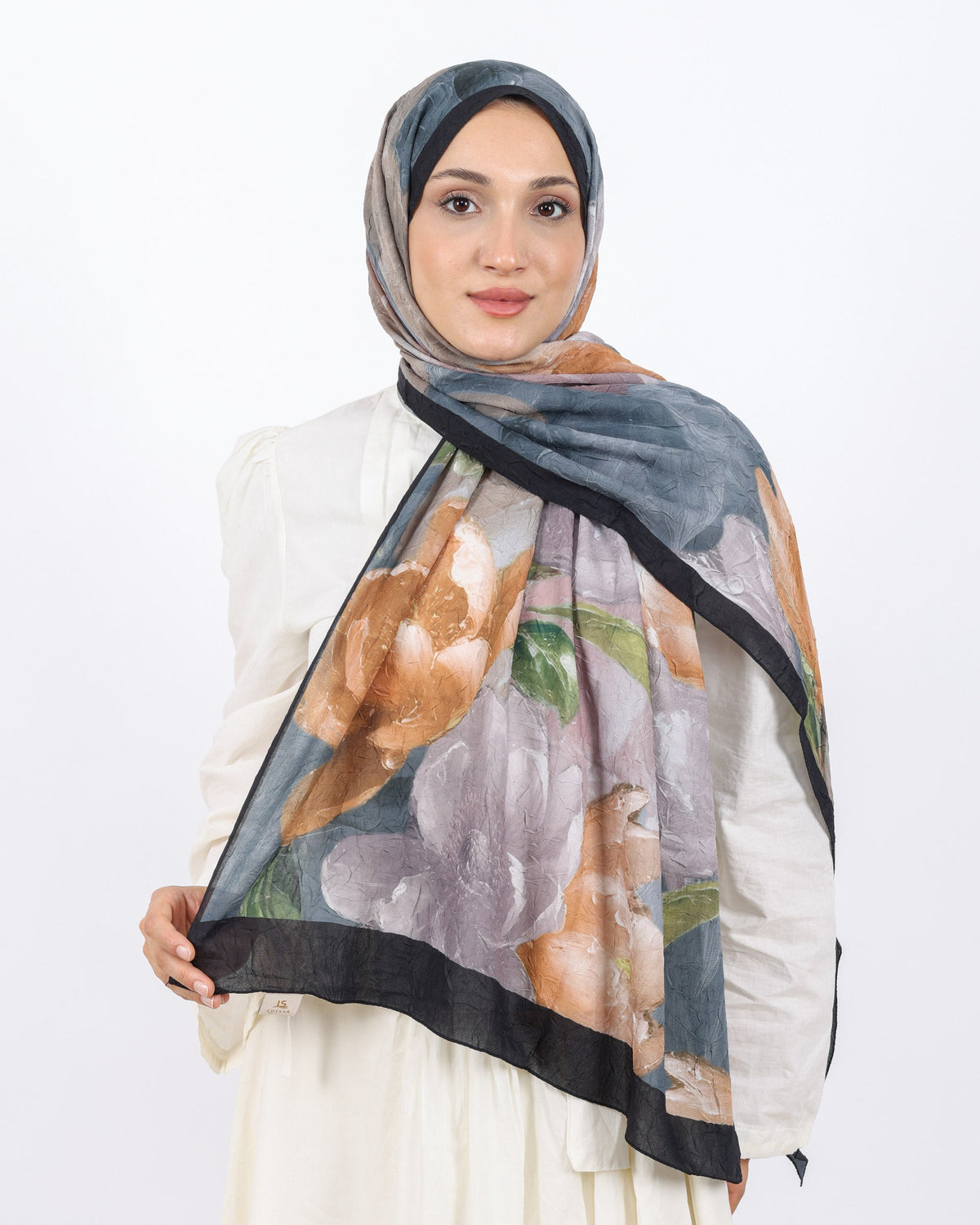 Soft Bambu Kraş Şal D054 Siyah-Gri, çiçekli desenli, 75 × 185 cm şal – görsel 2