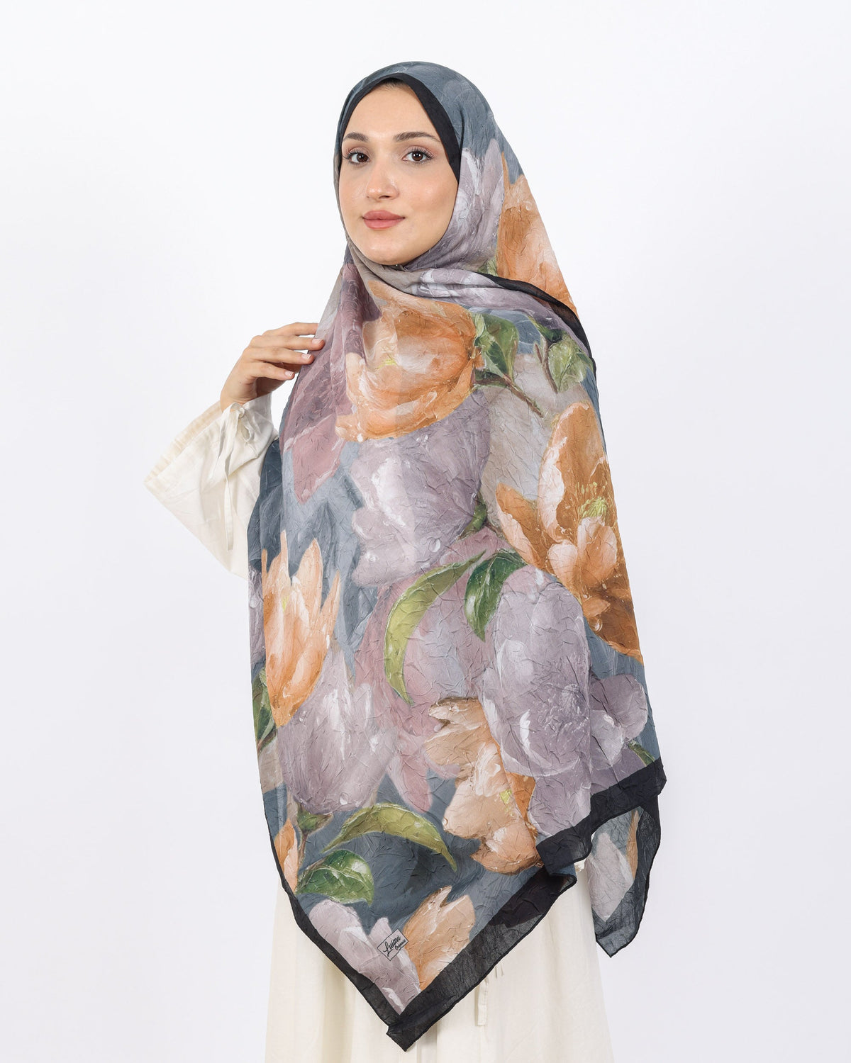 Soft Bambu Kraş Şal D054 Siyah-Gri, çiçekli desenli, 75 × 185 cm şal – görsel 1