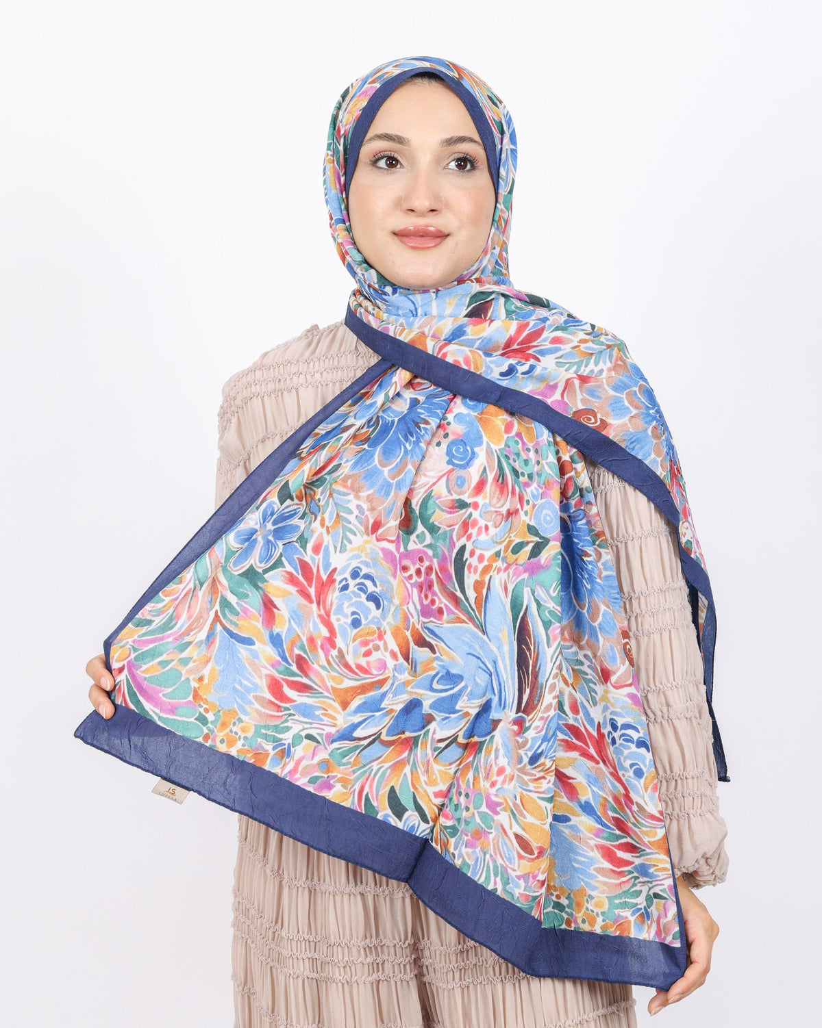 Soft Bambu Kraş Şal D047 Lacivert-Kiremit, çiçekli desenli, 75 × 185 cm şal – görsel 2