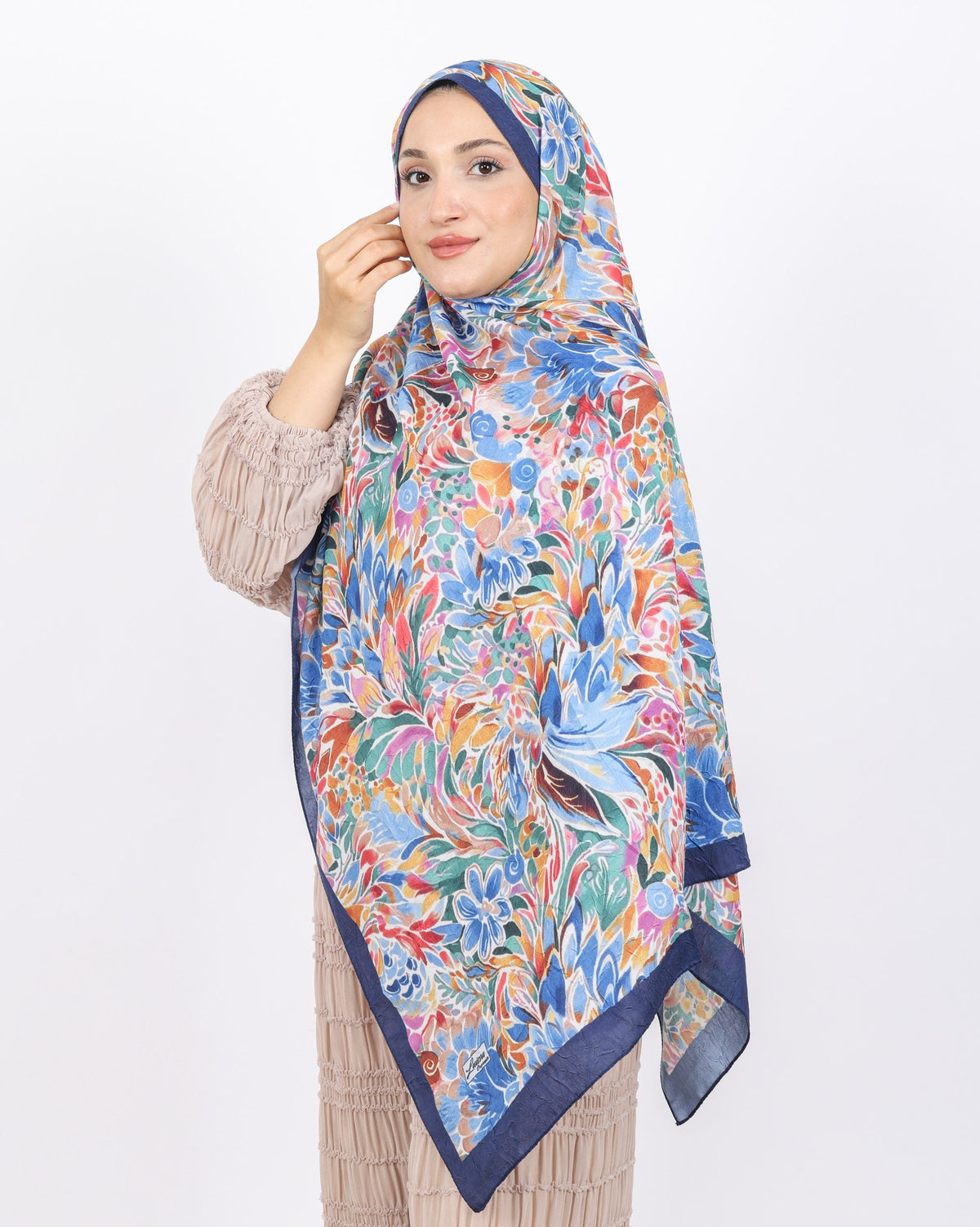 Soft Bambu Kraş Şal D047 Lacivert-Kiremit, çiçekli desenli, 75 × 185 cm şal – görsel 4