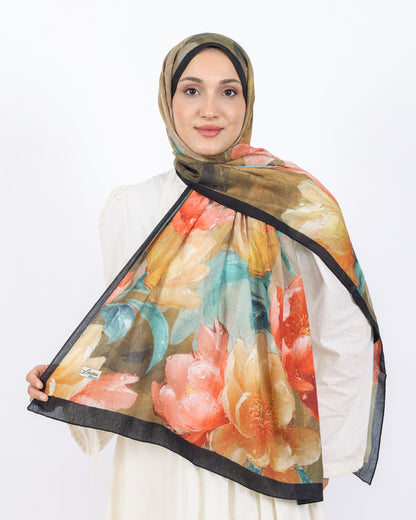 Soft Bambu Kraş Şal D054 Siyah-Mint Yeşili, çiçekli desenli, 75 × 185 cm şal – görsel 1