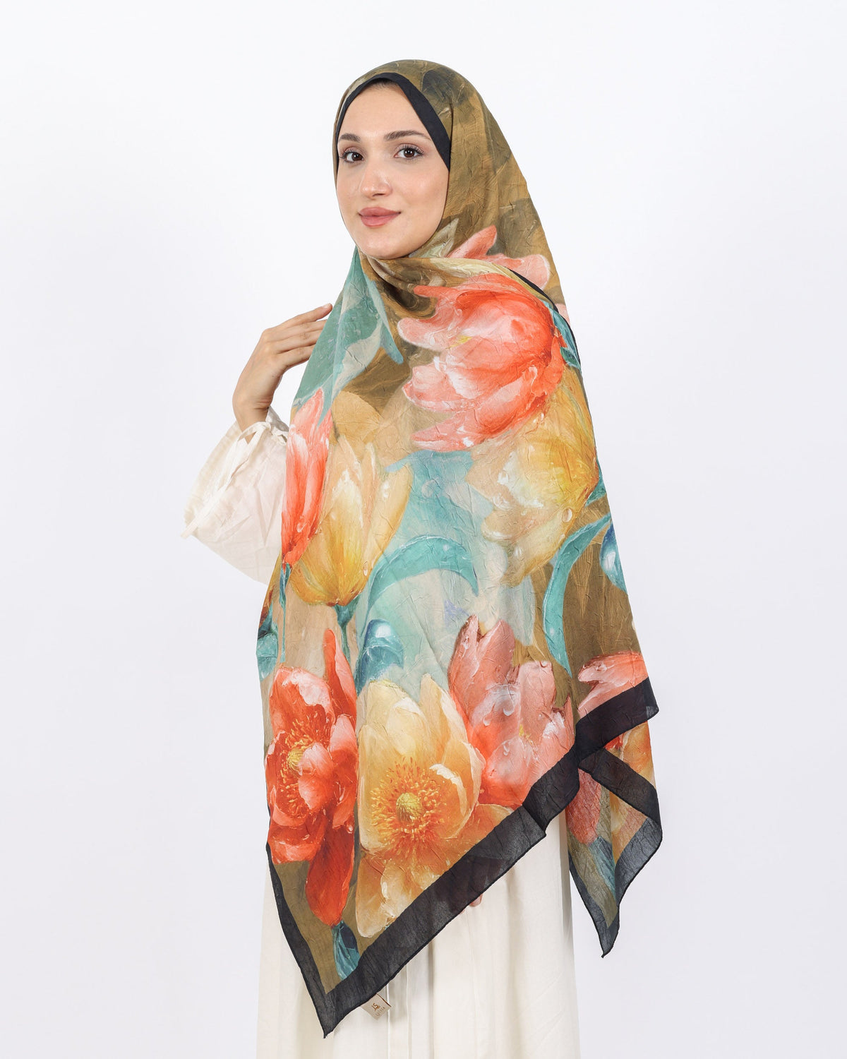 Soft Bambu Kraş Şal D054 Siyah-Mint Yeşili, çiçekli desenli, 75 × 185 cm şal – görsel 3