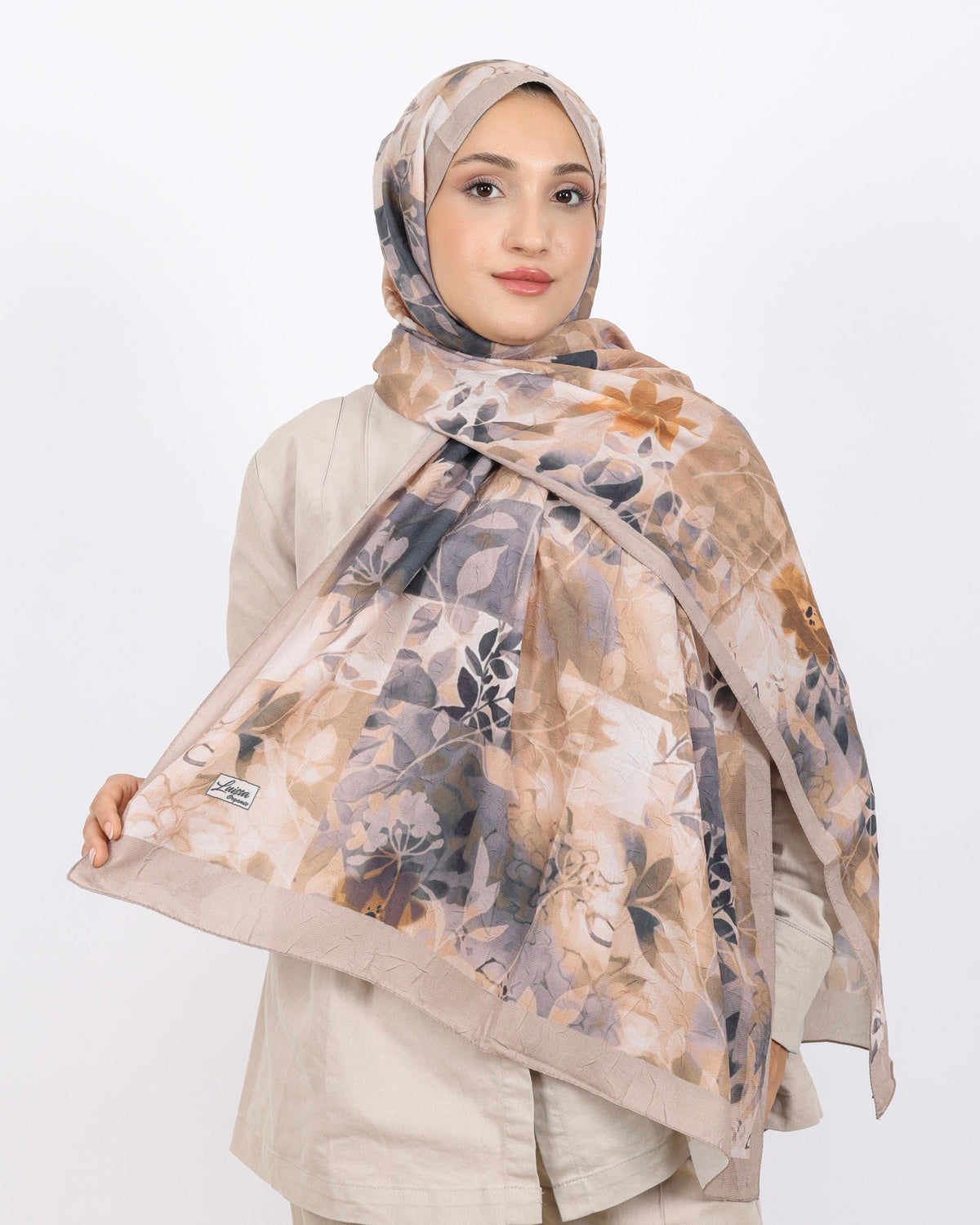 Soft Bambu Kraş Şal D042 Bej, çiçekli desenli, 75 × 185 cm şal – görsel 1