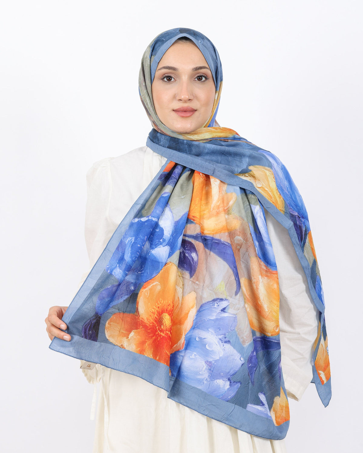 Soft Bambu Kraş Şal D054 İndigo Mavi, çiçekli desenli, 75 × 185 cm şal – görsel 1