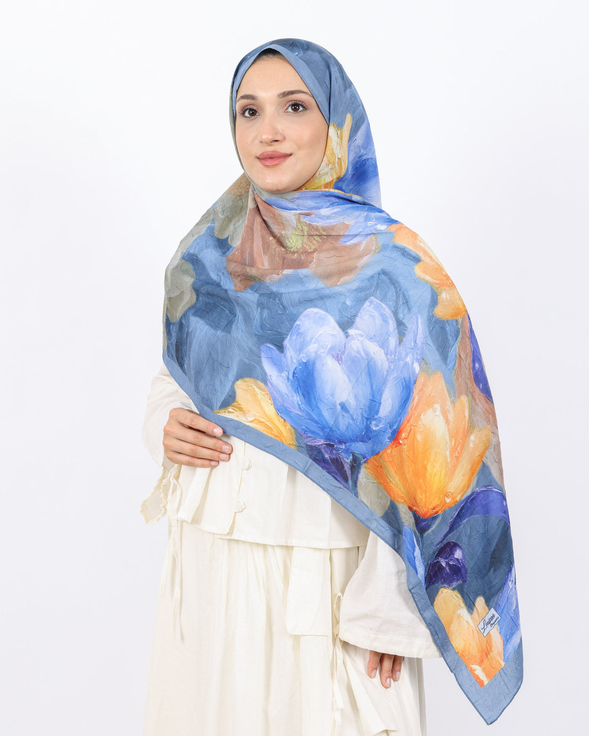 Soft Bambu Kraş Şal D054 İndigo Mavi, çiçekli desenli, 75 × 185 cm şal – görsel 3