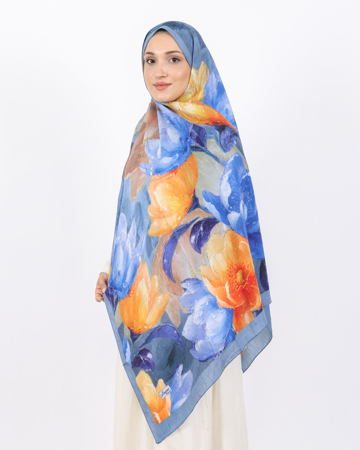 Soft Bambu Kraş Şal D054 İndigo Mavi, çiçekli desenli, 75 × 185 cm şal – görsel 2