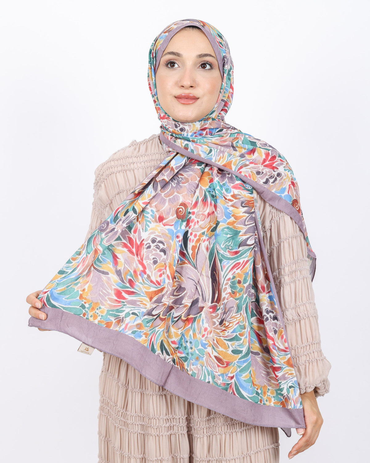 Soft Bambu Kraş Şal D047 Pudra, çiçekli desenli, 75 × 185 cm şal – görsel 2