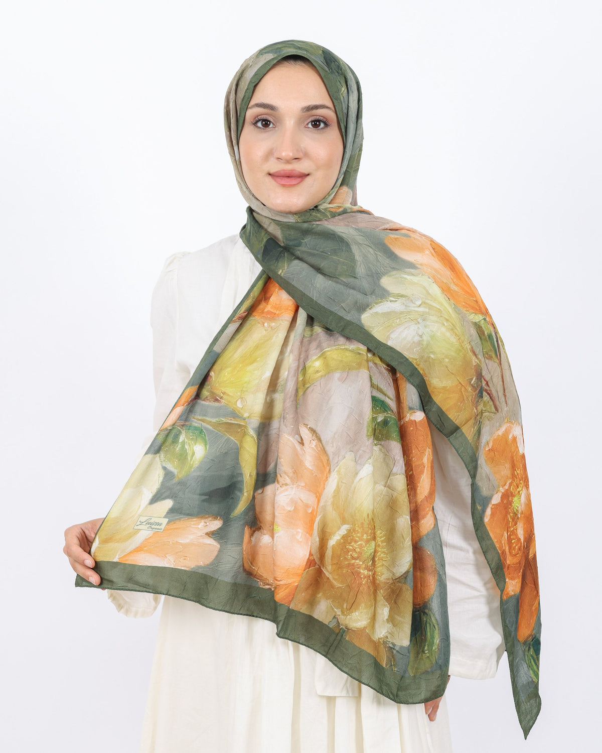Soft Bambu Kraş Şal D054 Yeşil, çiçekli desenli, 75 × 185 cm şal – görsel 2