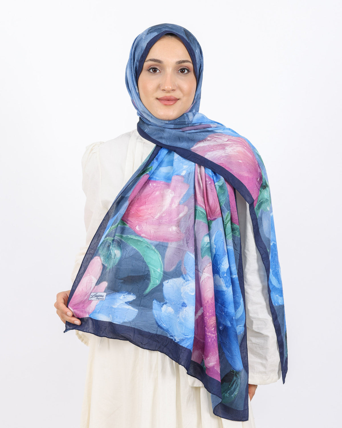 Soft Bambu Kraş Şal D054 Lacivert, çiçekli desenli, 75 × 185 cm şal – görsel 2