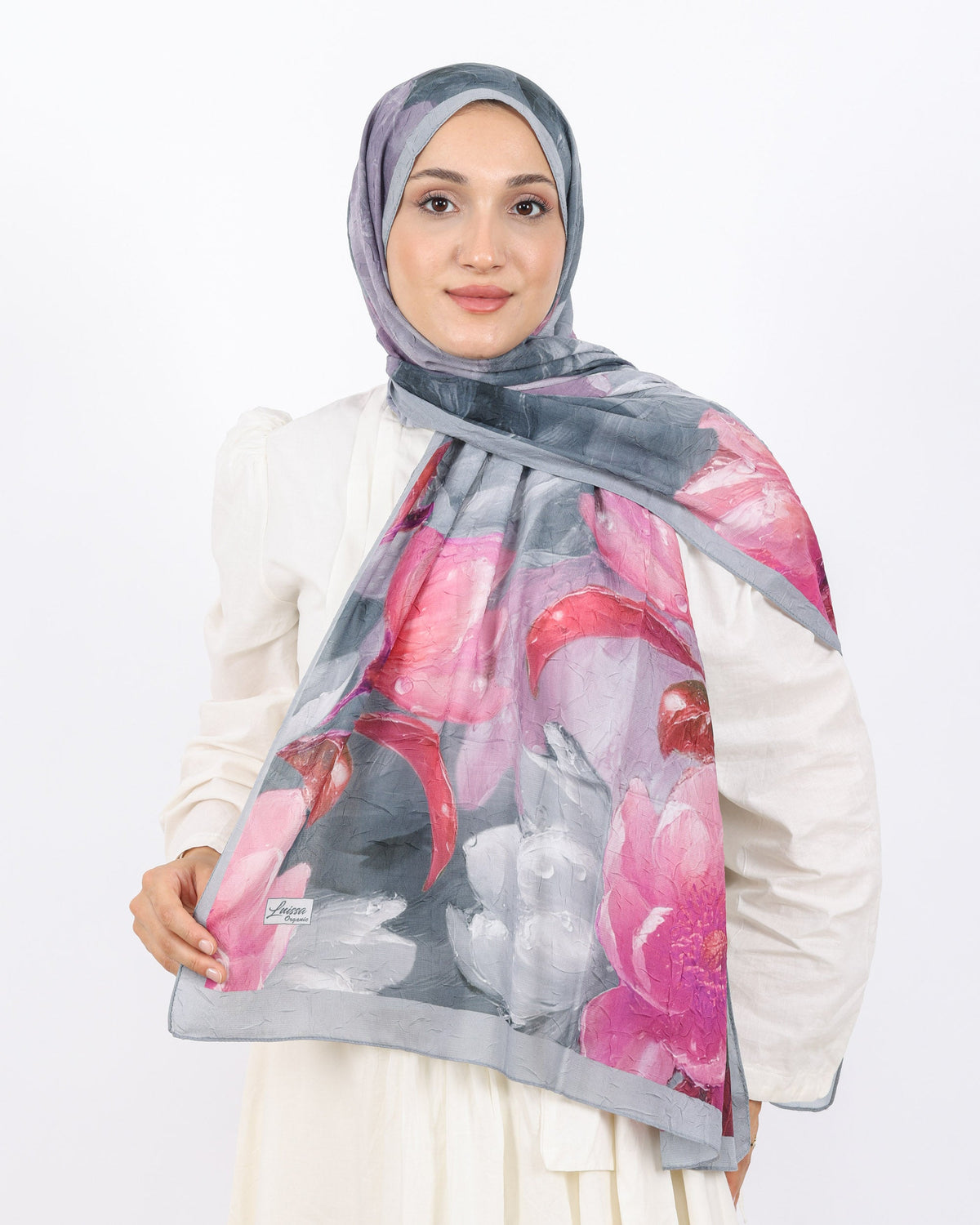 Soft Bambu Kraş Şal D054 Gri, çiçekli desenli, 75 × 185 cm şal – görsel 2