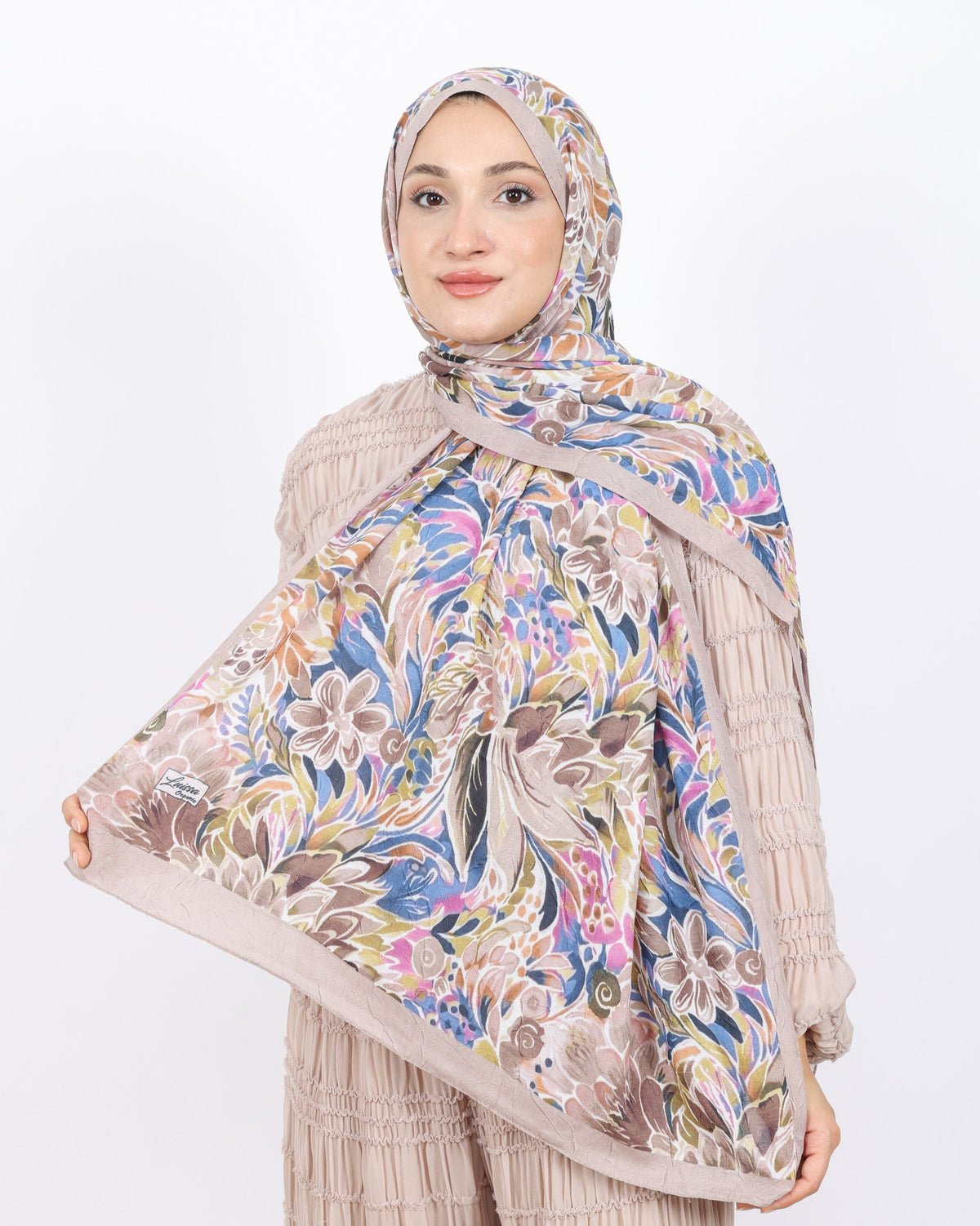 Soft Bambu Kraş Şal D047 Bej, çiçekli desenli, 75 × 185 cm şal – görsel 1