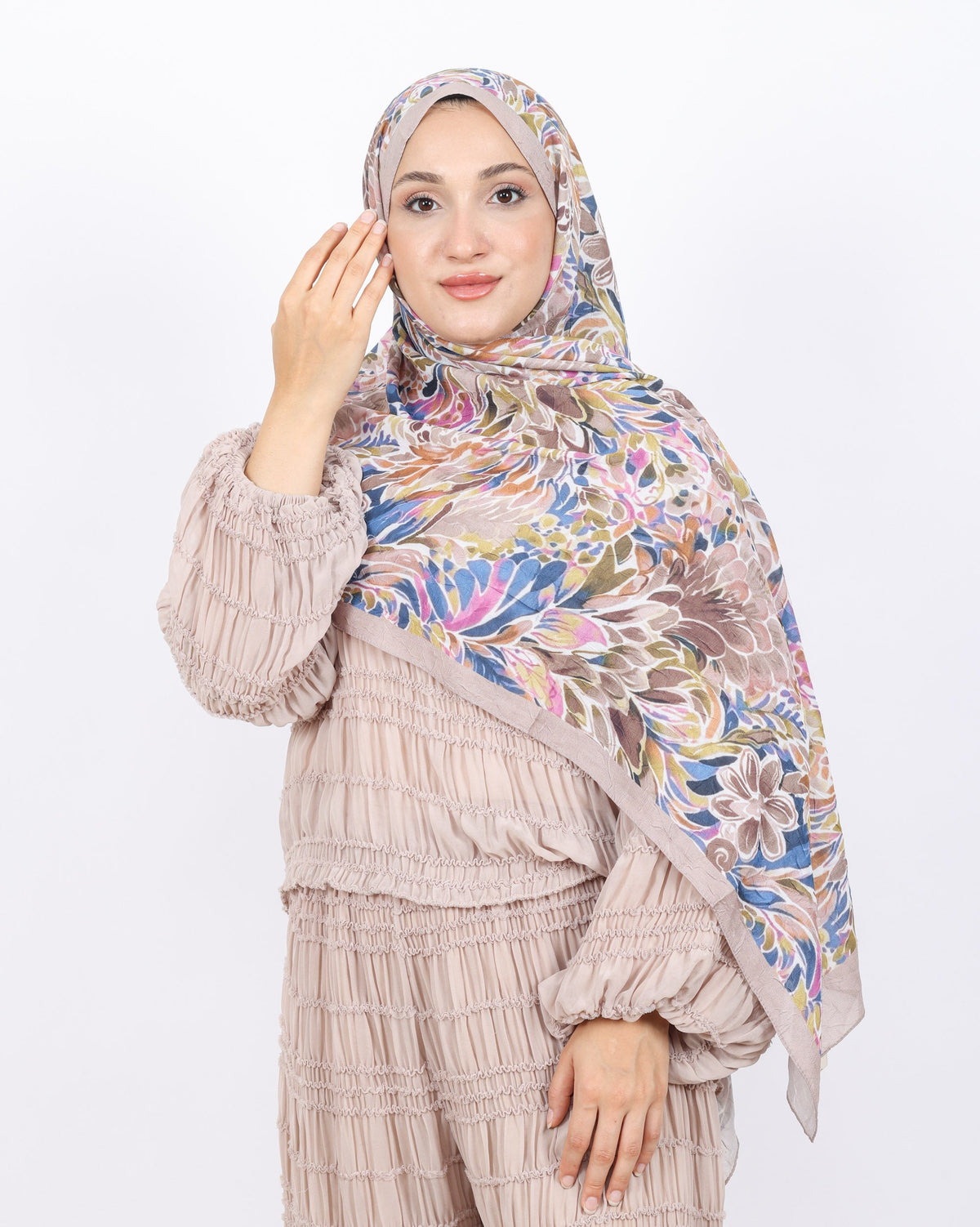 Soft Bambu Kraş Şal D047 Bej, çiçekli desenli, 75 × 185 cm şal – görsel 2