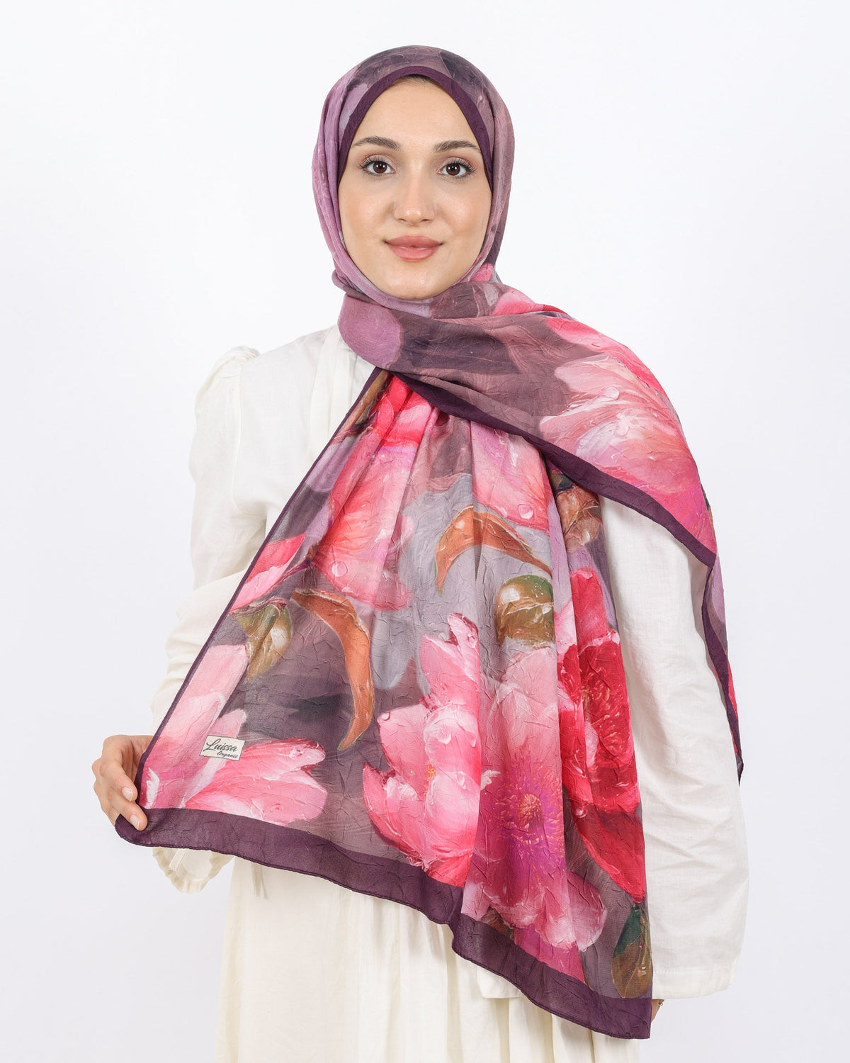 Soft Bambu Kraş Şal D054 Mürdüm, çiçekli desenli, 75 × 185 cm şal – görsel 1