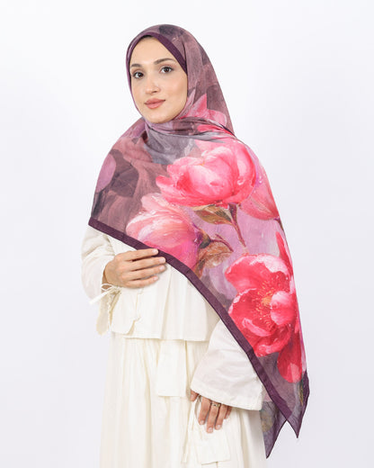 Soft Bambu Kraş Şal D054 Mürdüm, çiçekli desenli, 75 × 185 cm şal – görsel 2