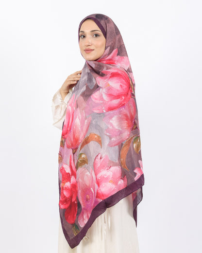 Soft Bambu Kraş Şal D054 Mürdüm, çiçekli desenli, 75 × 185 cm şal – görsel 3
