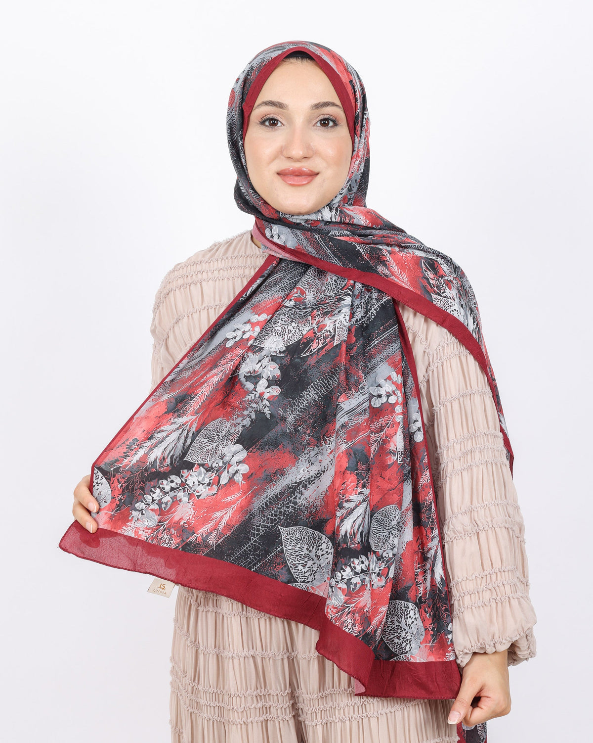 Soft Bambu Kraş Şal D048 Kırmızı, yapraklı desenli, 75 × 185 cm şal – görsel 2
