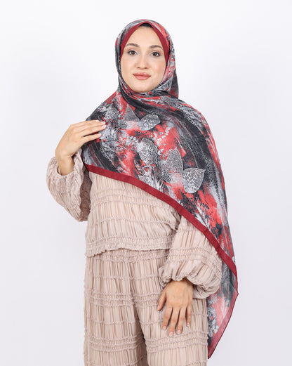 Soft Bambu Kraş Şal D048 Kırmızı, yapraklı desenli, 75 × 185 cm şal – görsel 3
