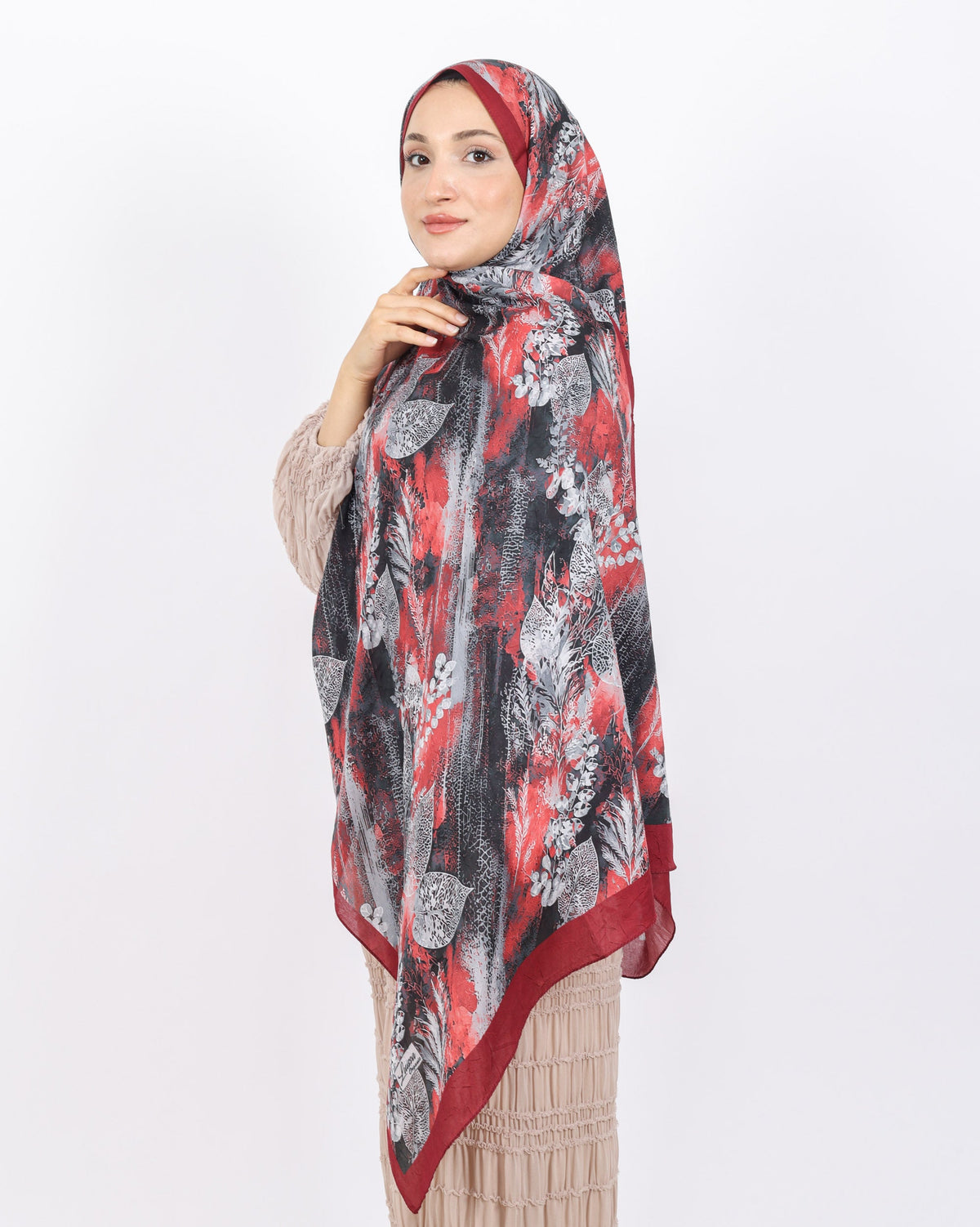 Soft Bambu Kraş Şal D048 Kırmızı, yapraklı desenli, 75 × 185 cm şal – görsel 1