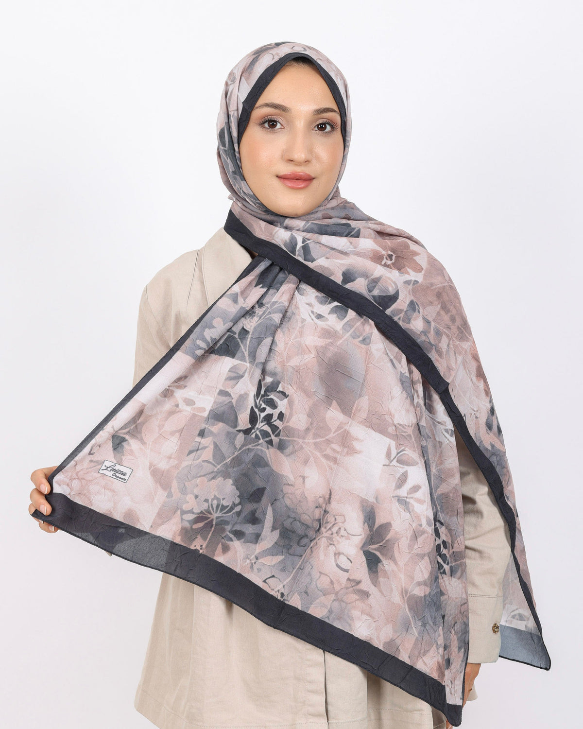 Soft Bambu Kraş Şal D042 Siyah-Pudra, çiçekli desenli, 75 × 185 cm şal – görsel 2