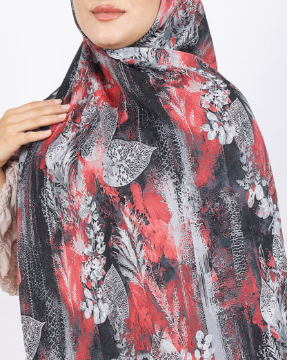 Soft Bambu Kraş Şal D048 Kırmızı, yapraklı desenli, 75 × 185 cm şal – görsel 4