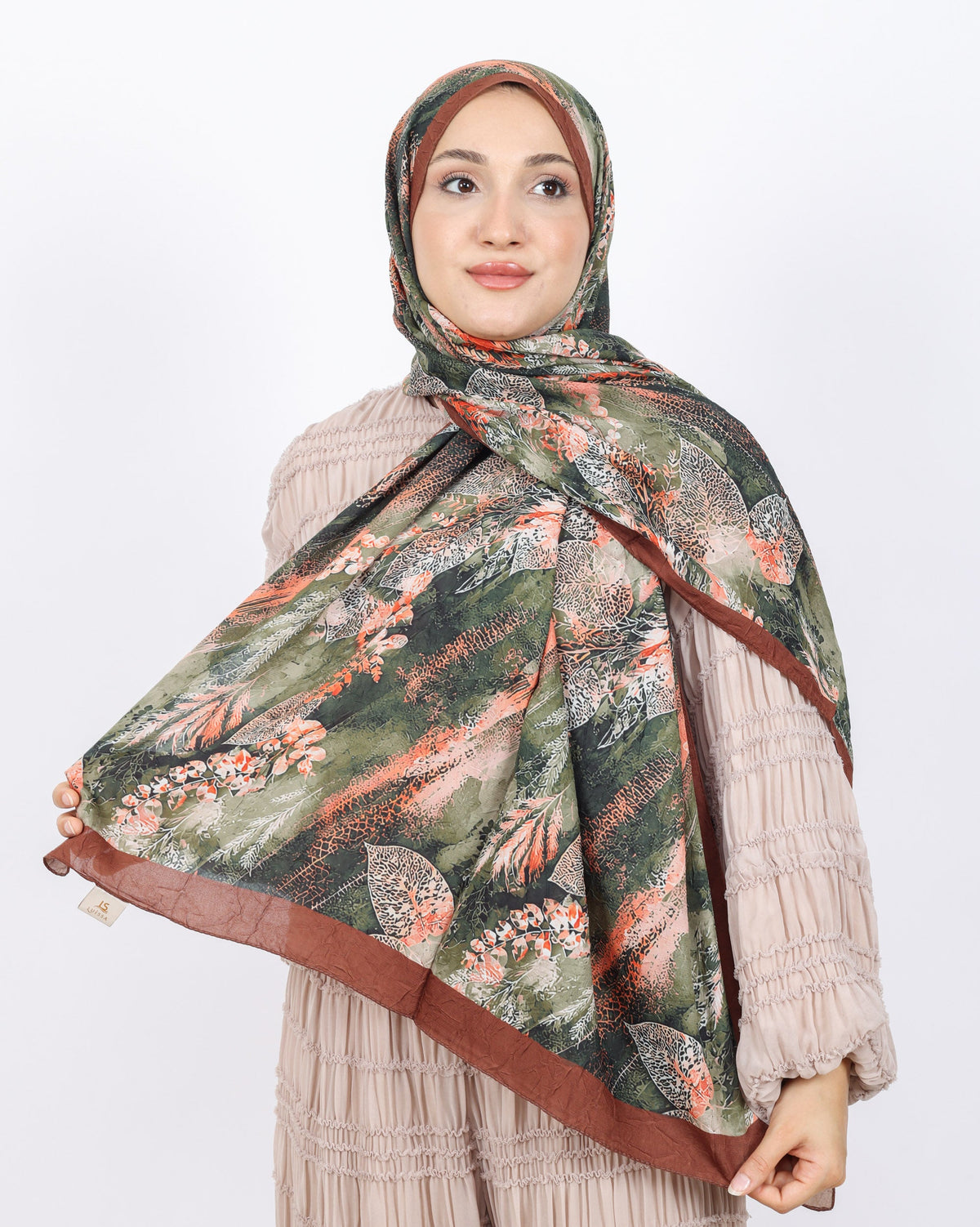 Soft Bambu Kraş Şal D048 Kahverengi, yapraklı desenli, 75 × 185 cm şal – görsel 1
