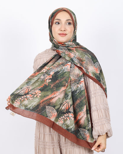 Soft Bambu Kraş Şal D048 Kahverengi, yapraklı desenli, 75 × 185 cm şal – görsel 1