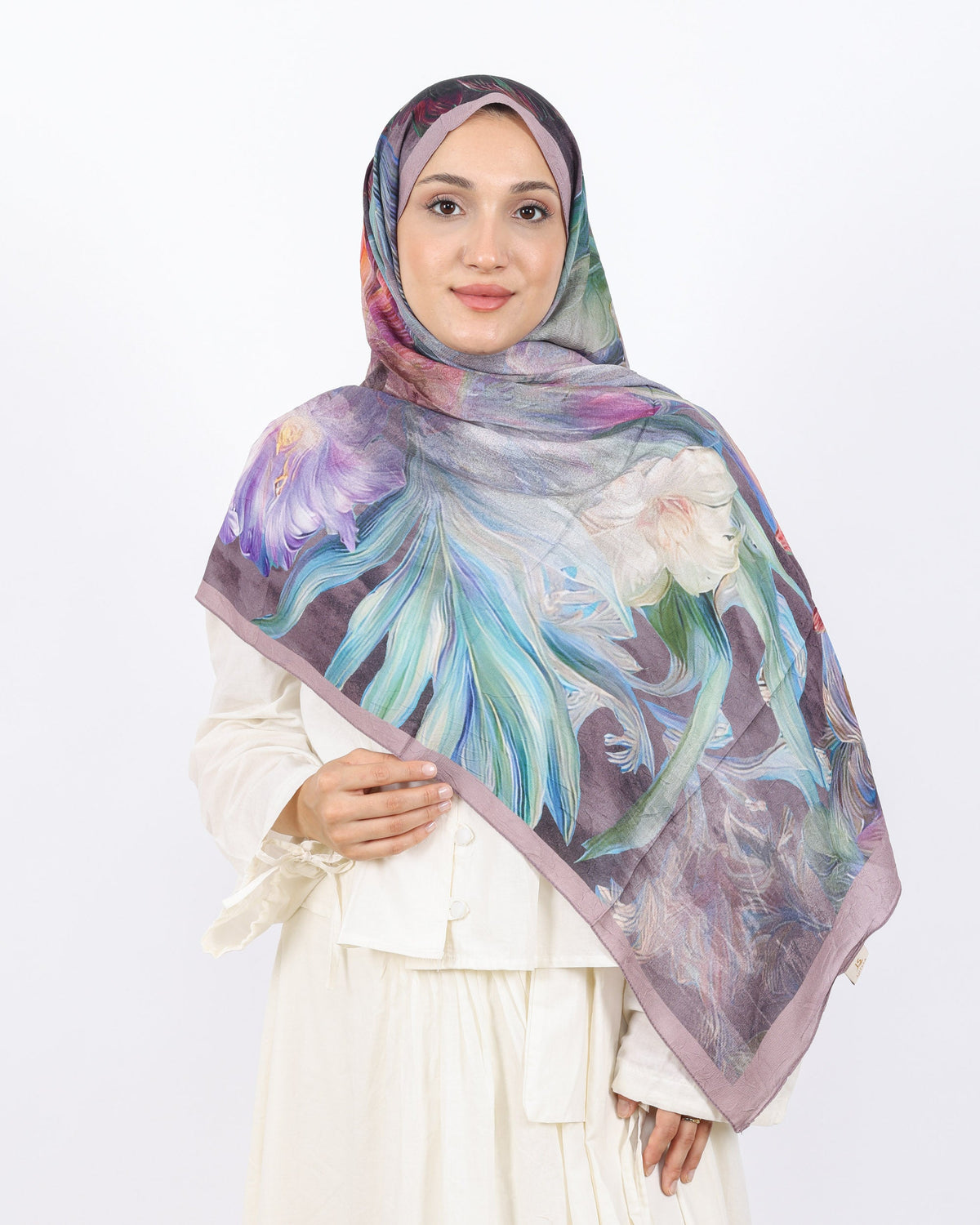 Soft Bambu Kraş Şal D055 Pudra, çiçekli desenli, 75 × 185 cm şal – görsel 2