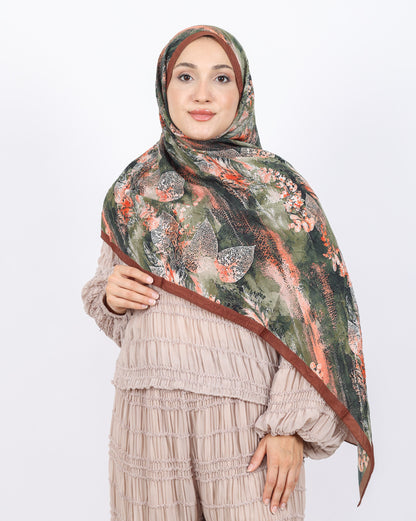 Soft Bambu Kraş Şal D048 Kahverengi, yapraklı desenli, 75 × 185 cm şal – görsel 2