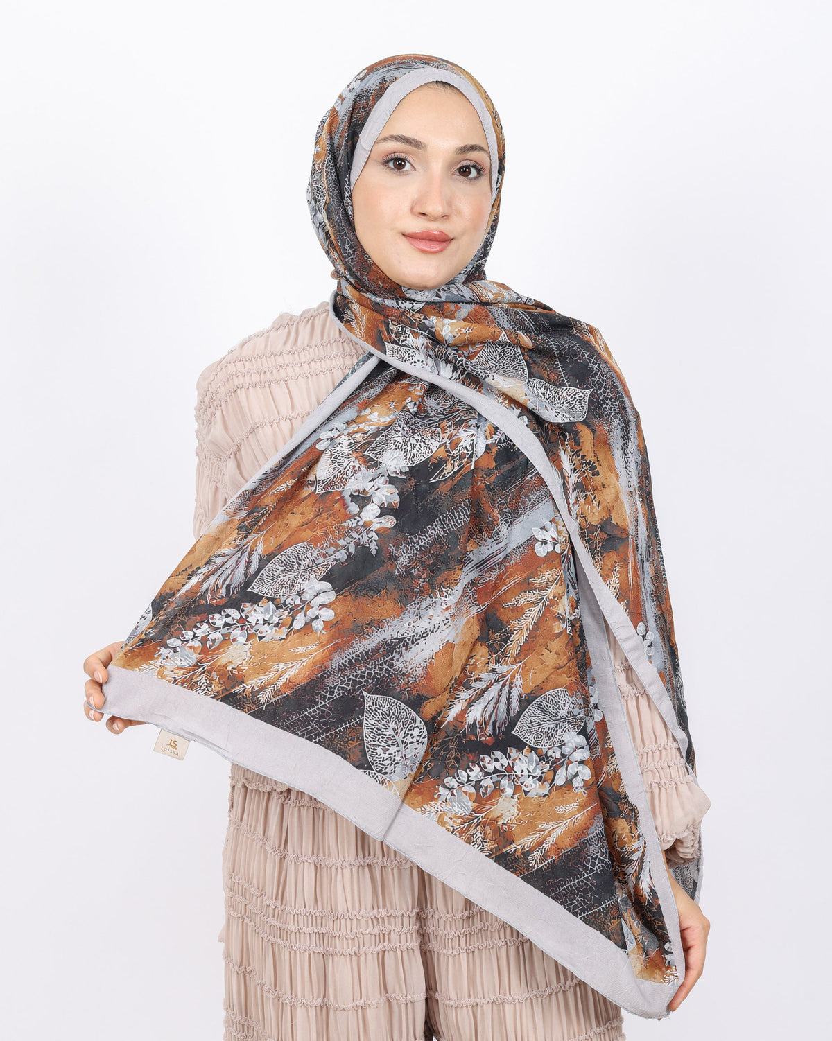 Soft Bambu Kraş Şal D048 Taş Rengi, yapraklı desenli, 75 × 185 cm şal – görsel 1