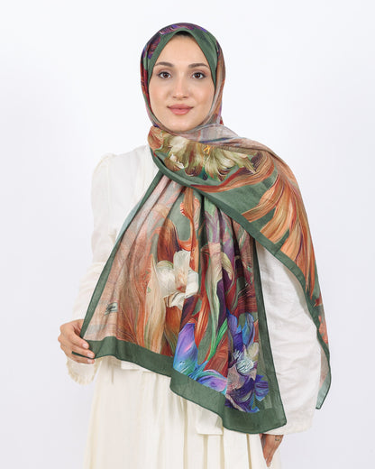 Soft Bambu Kraş Şal D055 Yeşil, çiçekli desenli, 75 × 185 cm şal – görsel 2
