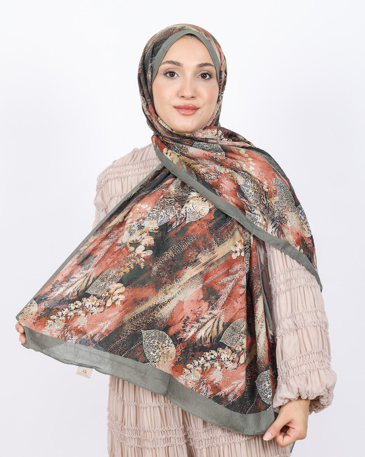 Soft Bambu Kraş Şal D048 Yeşil, yapraklı desenli, 75 × 185 cm şal – görsel 2