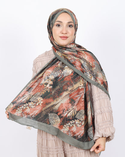 Soft Bambu Kraş Şal D048 Yeşil, yapraklı desenli, 75 × 185 cm şal – görsel 2
